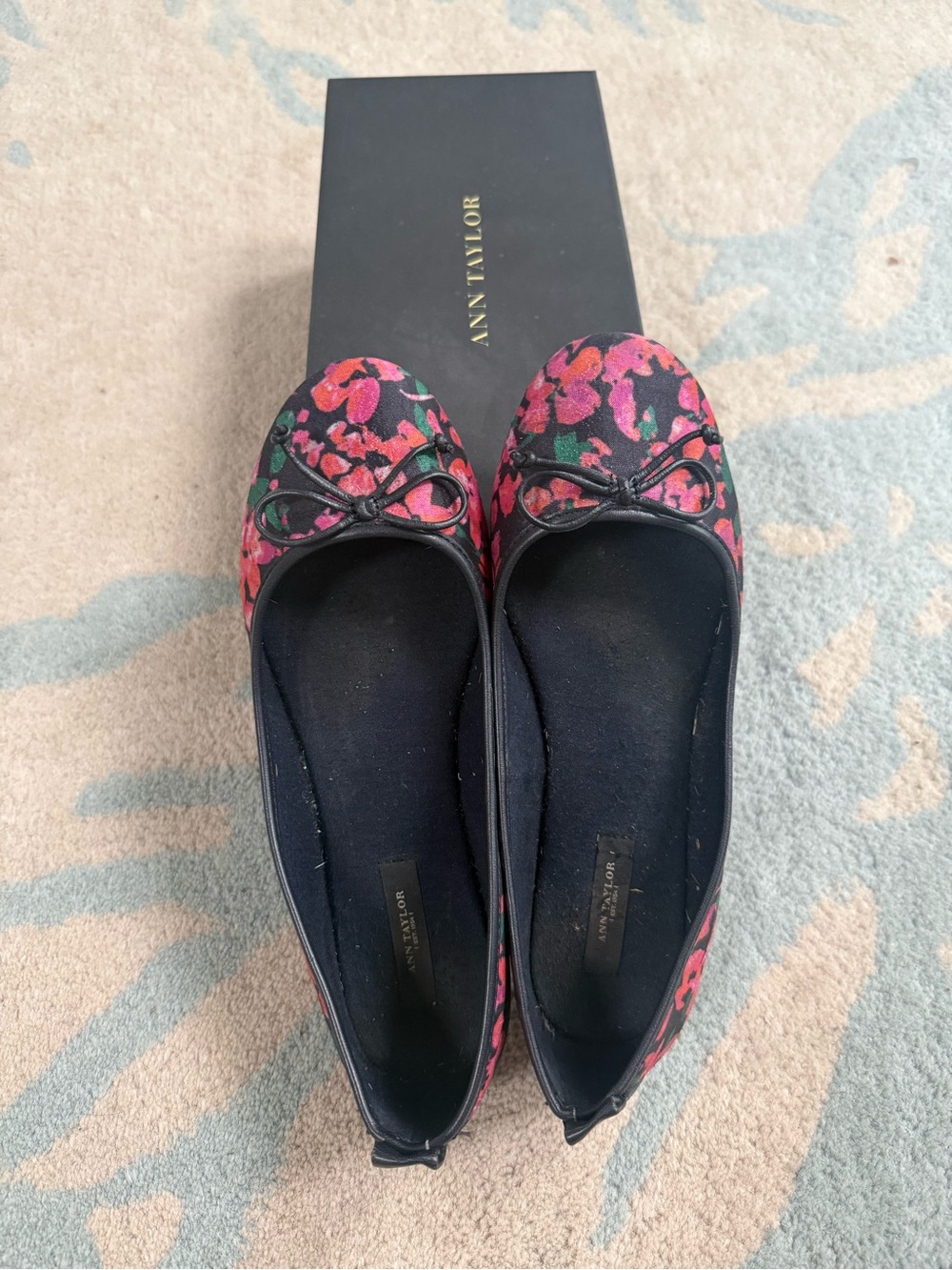Ann Taylor Black Ballet Flats with Red & Pink Floral Pattern
